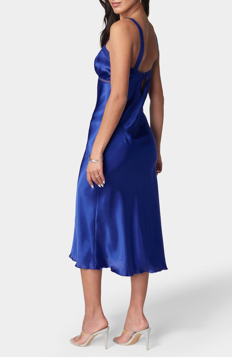bebe Lace Strap Satin Midi Slipdress, Alternate, color, Blue