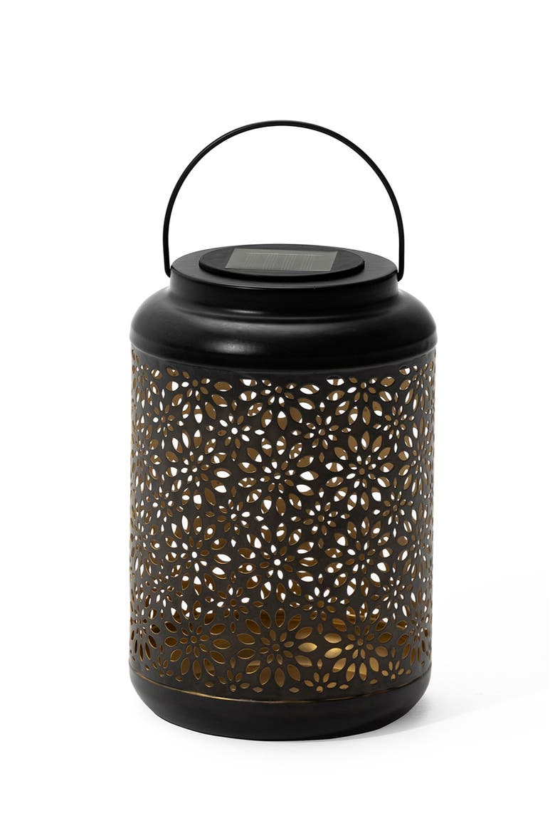 Metal Cutout Flower Solar Powered Outdoor Hanging Lantern with LED Light, Alternate, color, Black