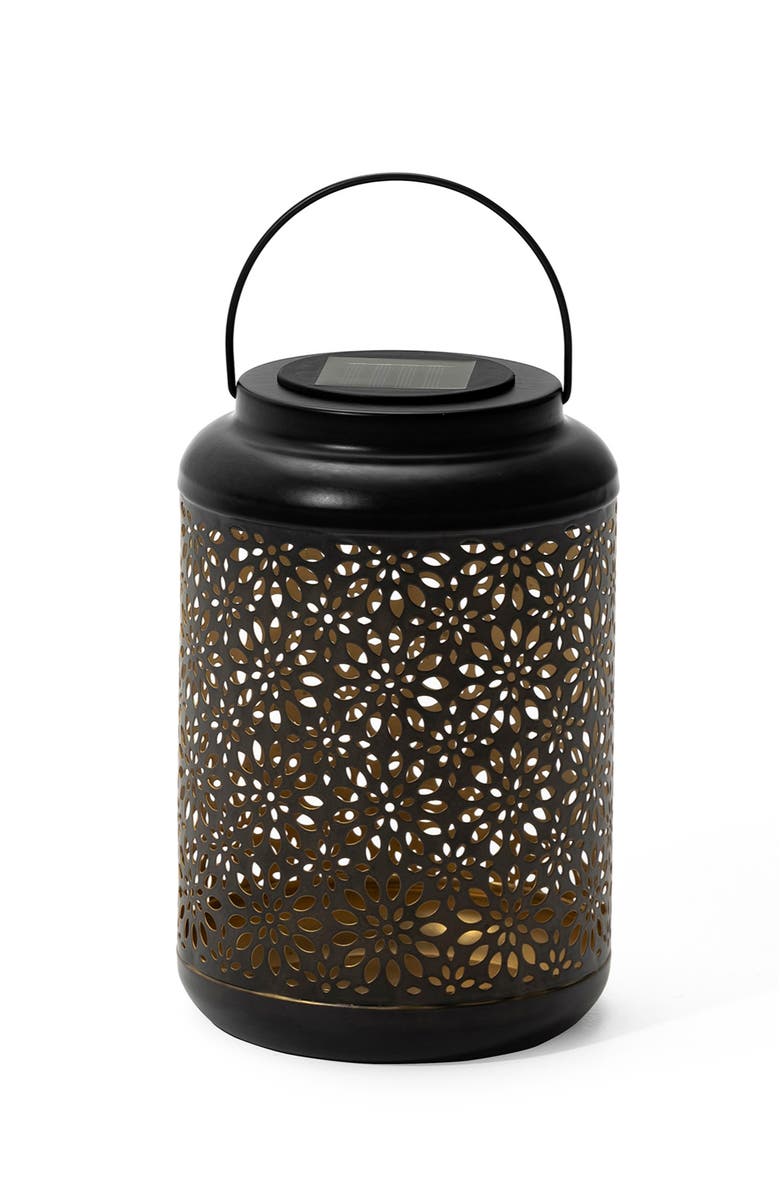 Glitzhome Metal Cutout Flower Solar Powered Outdoor Hanging Lantern with LED Light, Alternate, color, Black