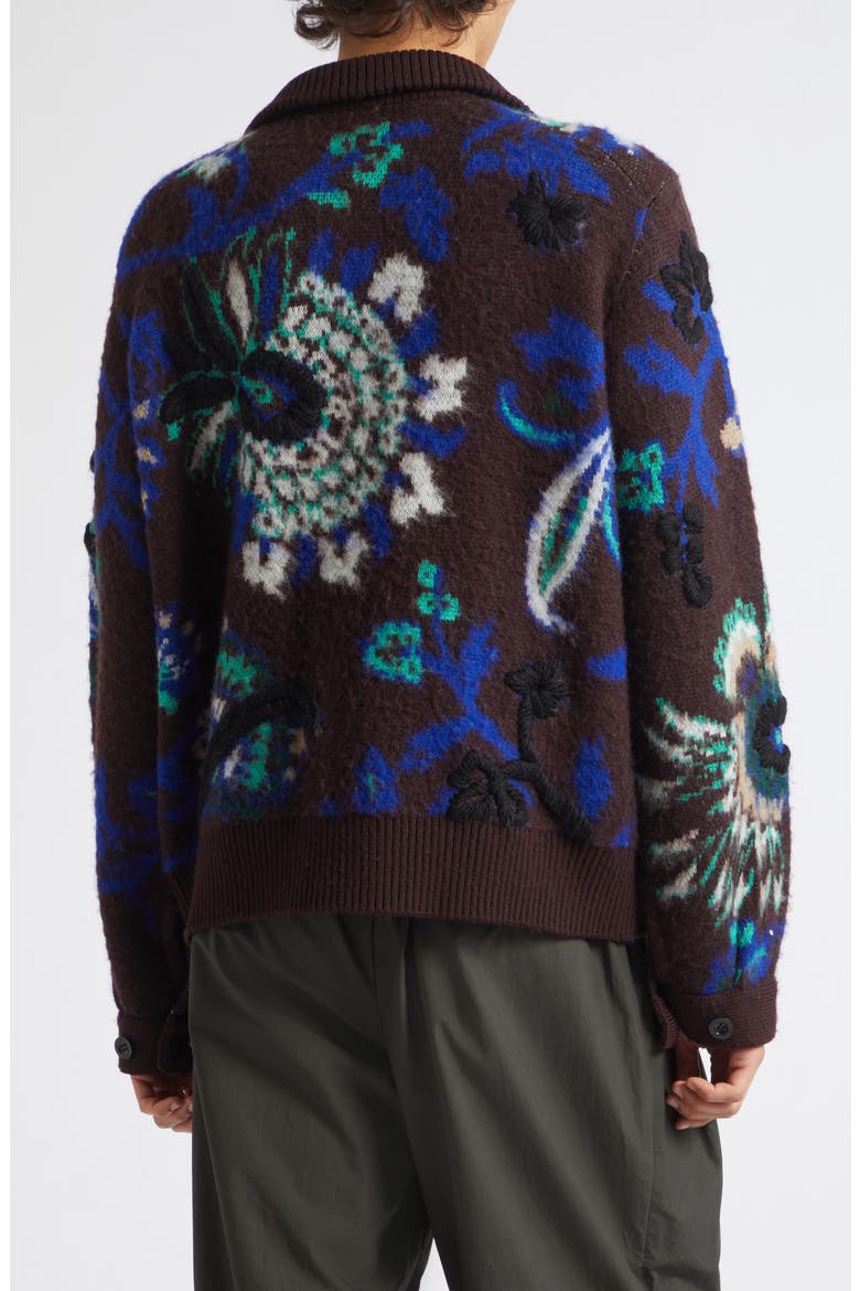 Floral Jacquard Knit Blouson Cardigan Sweater, Alternate, color, BROWN