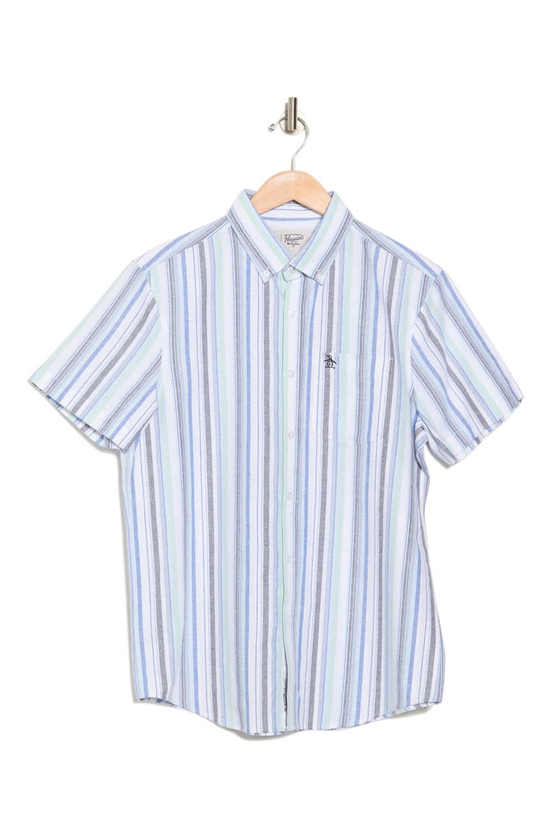 Vertical Stripe Short Sleeve Button-Up Shirt, Alternate, color, LICHEN