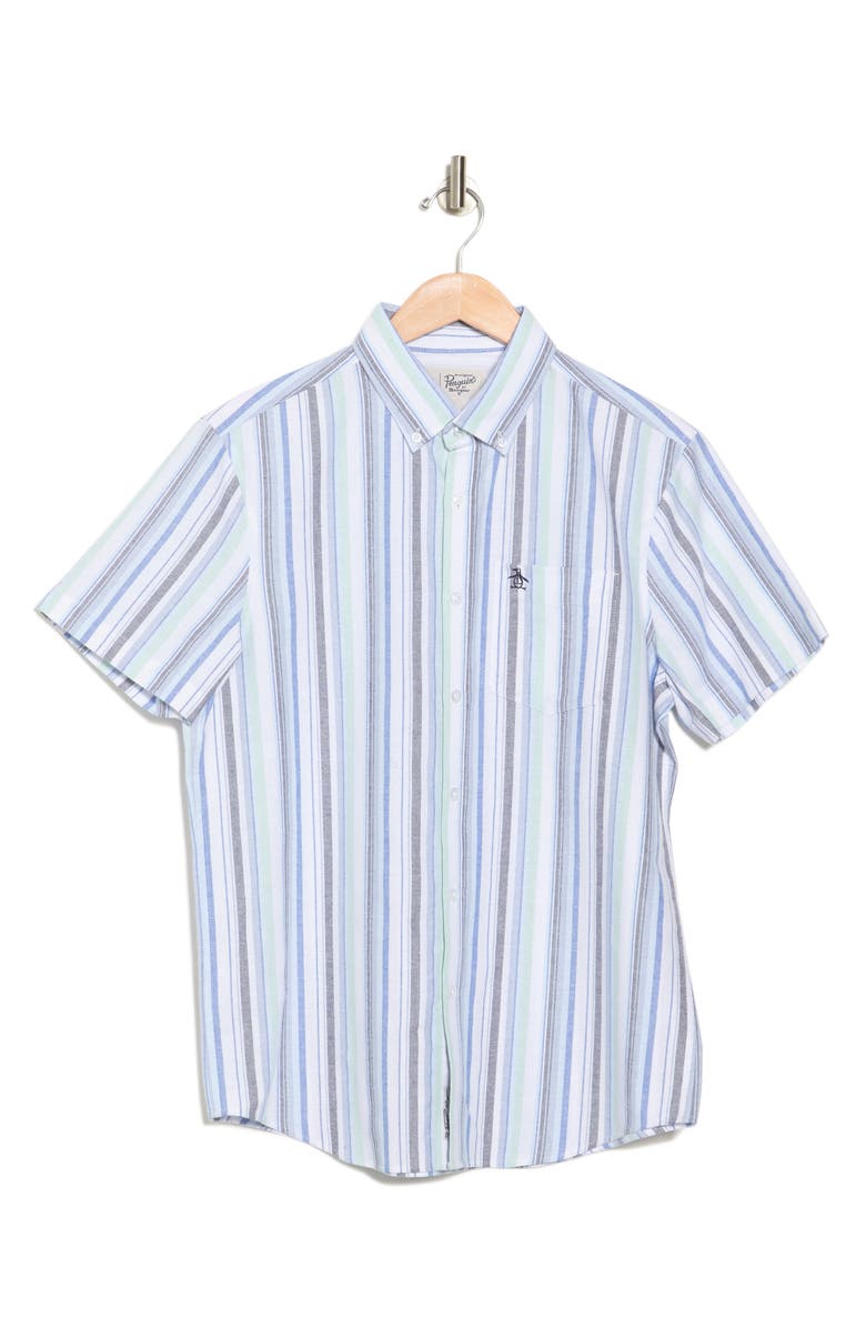 Original Penguin Vertical Stripe Short Sleeve Button-Up Shirt, Alternate, color, Lichen