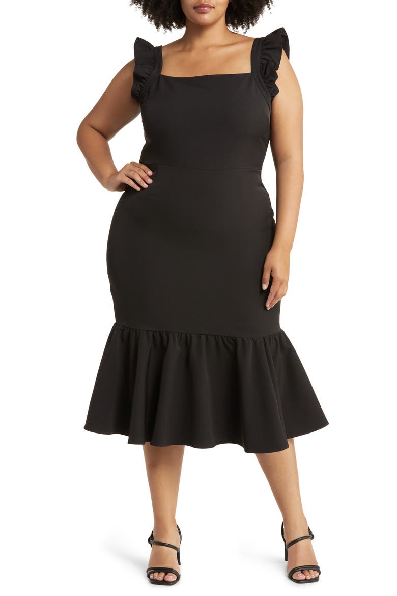 Print Ruffle Sleeve Midi Dress, Main, color, BLACK