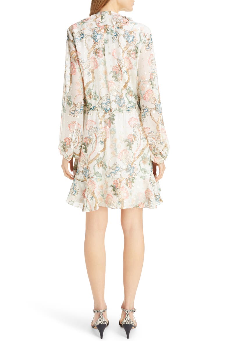Floral Print Long Sleeve Metallic Fil Coupé Minidress, Alternate, color, MULTICOLOR WHITE 1