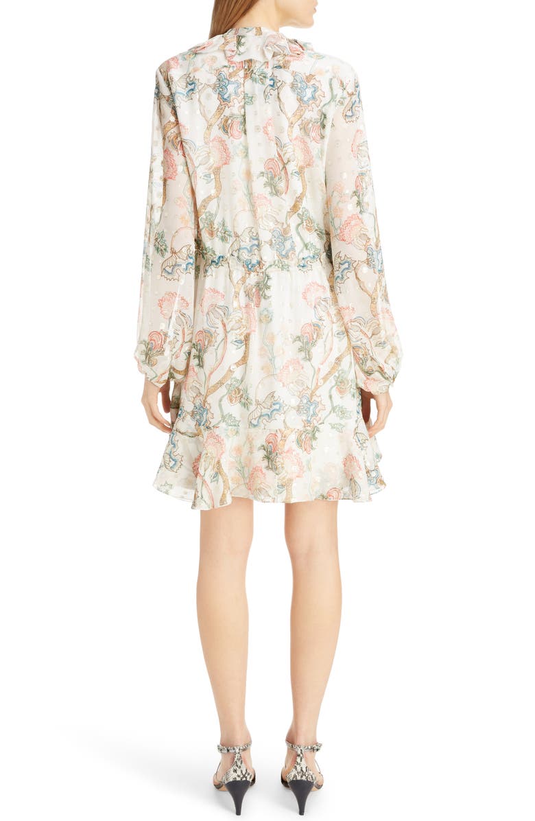 Chloé Floral Print Long Sleeve Metallic Fil Coupé Minidress, Alternate, color,