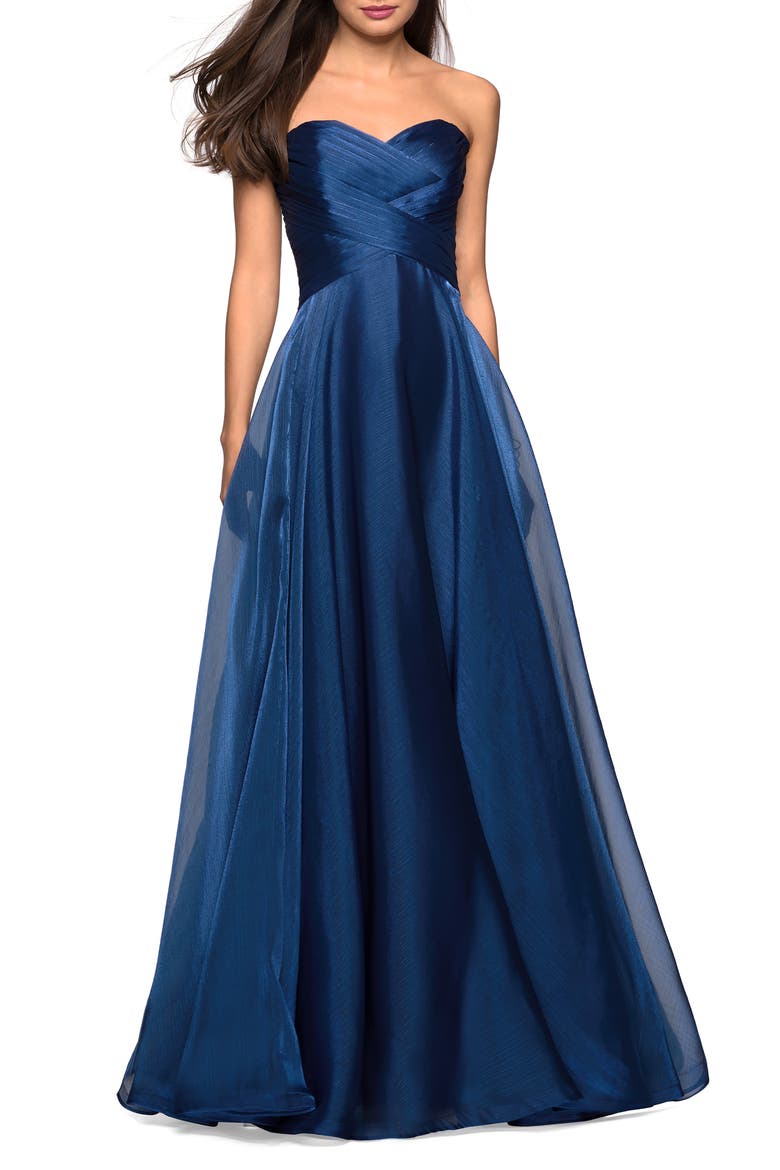 Strapless Chiffon Dress with Criss Cross Bodice Detail, Main, color, NAVY