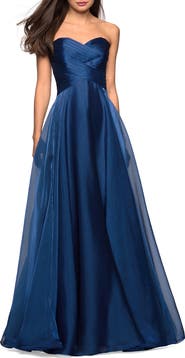 La Femme Strapless Chiffon Dress with Criss Cross Bodice Detail