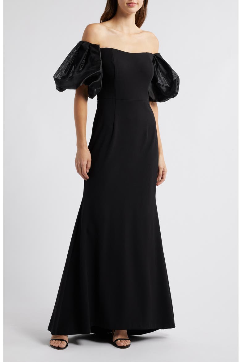 Off the Shoulder Puff Sleeve Trumpet Gown, Main, color, BLACK