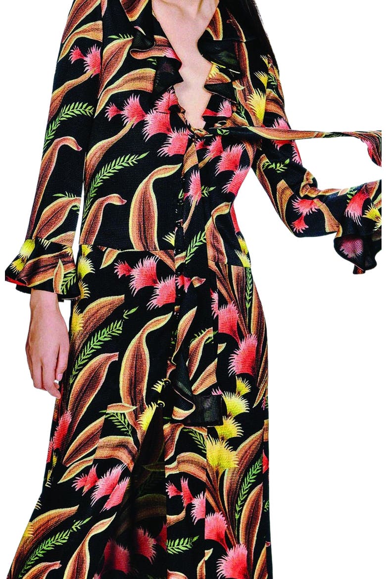 Feather Fern Ruffle Tie Dress, Alternate, color, Black Multi
