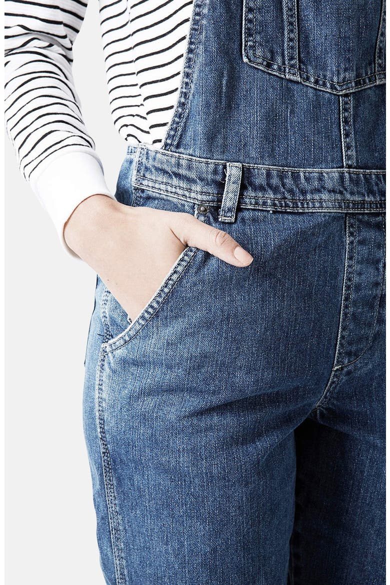 Moto Crop Denim Overalls, Alternate, color, MID STONE