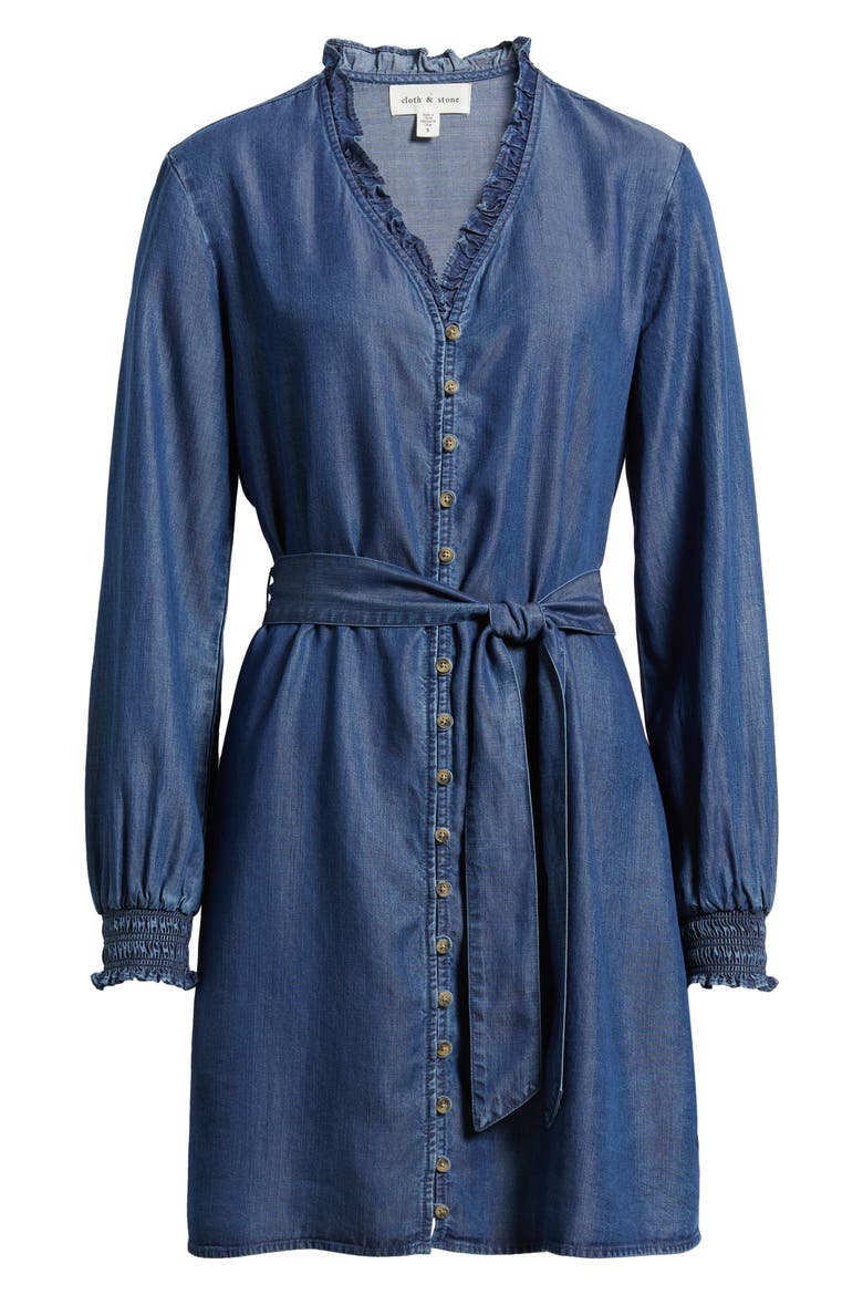 Ruffle Trim Tie Waist Denim Dress, Alternate, color, DARK TWILIGHT WASH