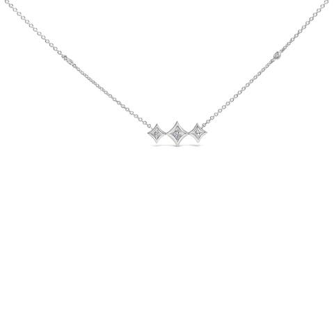 10K White Gold Bezel Set Diamond 3 Stone Kite Shape and Station Necklace