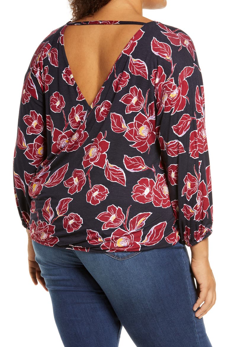 Wrap Front Blouson Top, Alternate, color, NAVY/ BURGUNDY