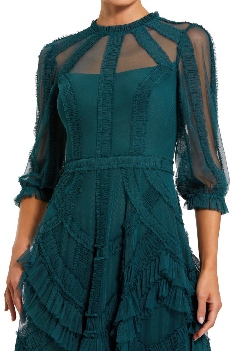 Petite 3/4 Puff Sleeve Mesh Mirco Ruffle Gown, Alternate, color, Teal
