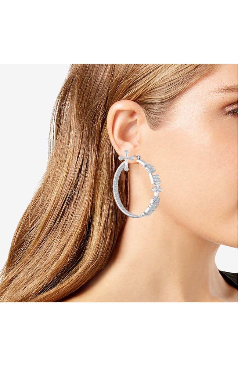 True Religion Cross Studs & Logo Hoop Earrings, Alternate, color, Silvertone/ Blue