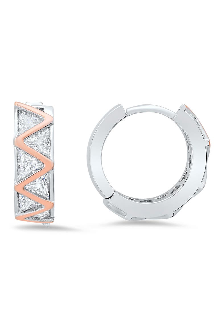 Two-Tone Cubic Zirconia Zigzag Huggie Hoop Earrings, Main, color, SILVER/ROSE GOLD