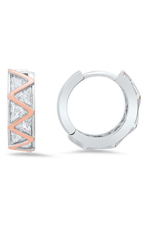 Two-Tone Cubic Zirconia Zigzag Huggie Hoop Earrings