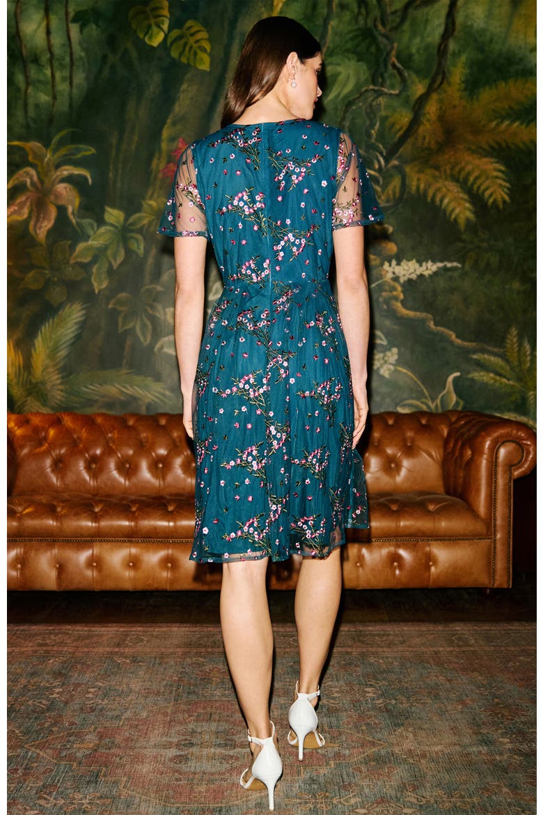 Embroidered Floral Mesh Fit-Flare Dress, Alternate, color, Teal