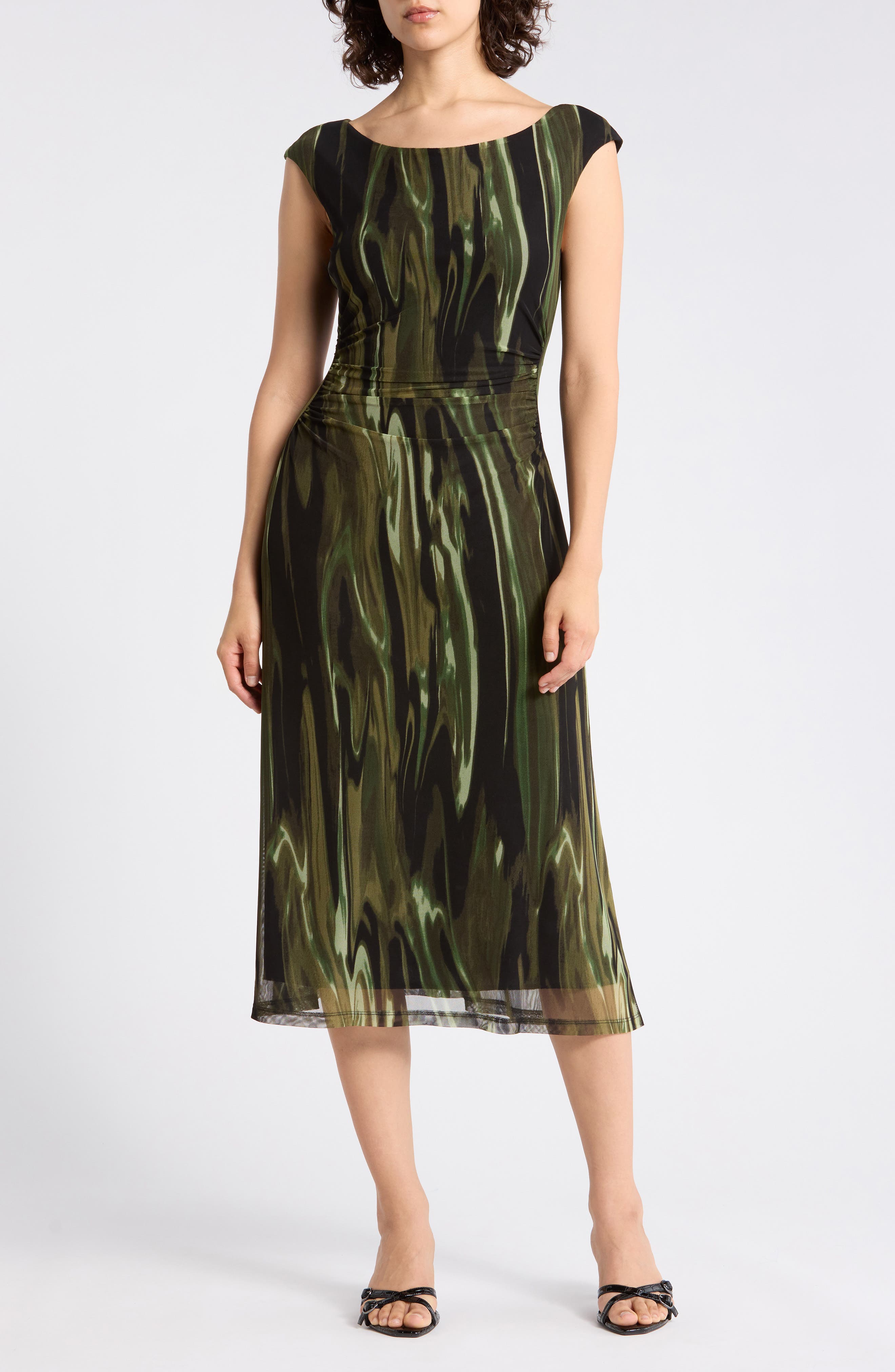 Connected Apparel Ruched Mesh Midi Dress