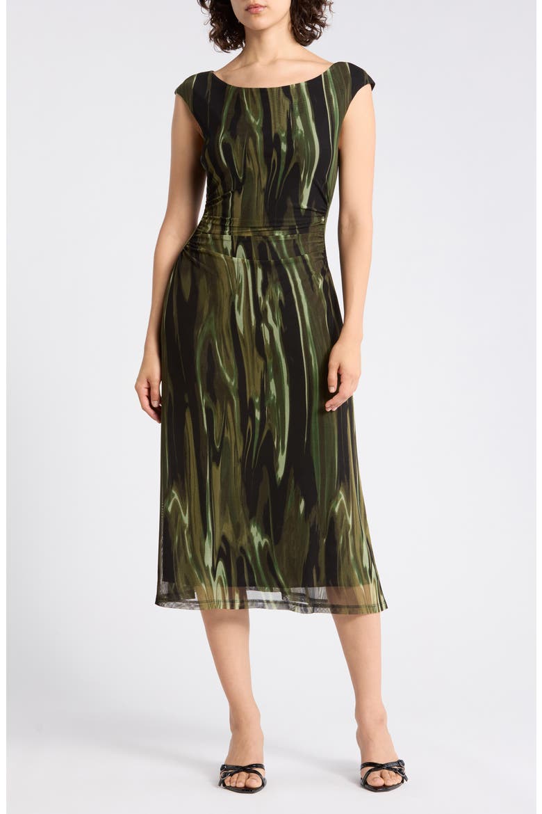 Ruched Mesh Midi Dress, Main, color, OLIVE