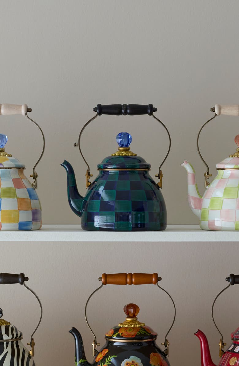 MACKENZIE CHILDS Juniper Check Enameled Steel 2-Quart Tea Kettle, Alternate, color, Green