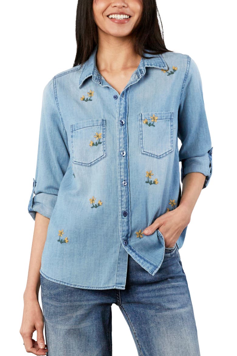 Sunny Ditsy Floral Embroidered Button-Up Shirt, Alternate, color, WASHED BLUE
