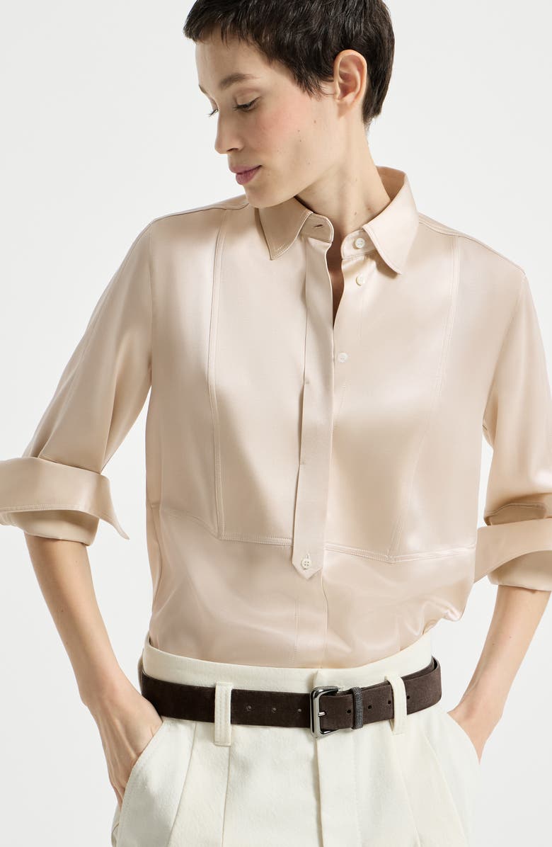 Brunello Cucinelli Stretch silk satin shirt, Alternate, color, Sand