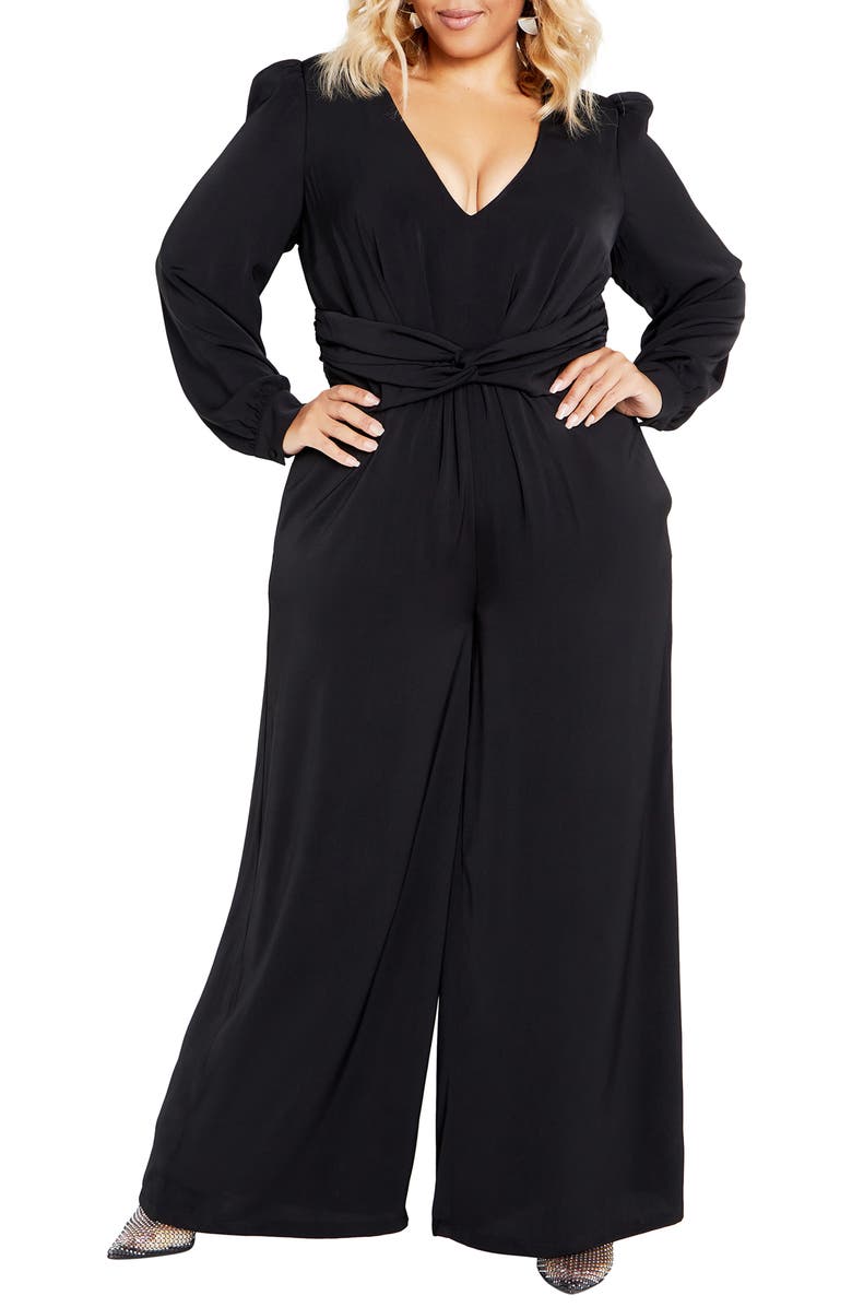 City Chic Blakely Twist Waist Long Sleeve Wide Leg Jumpsuit, Main, color,