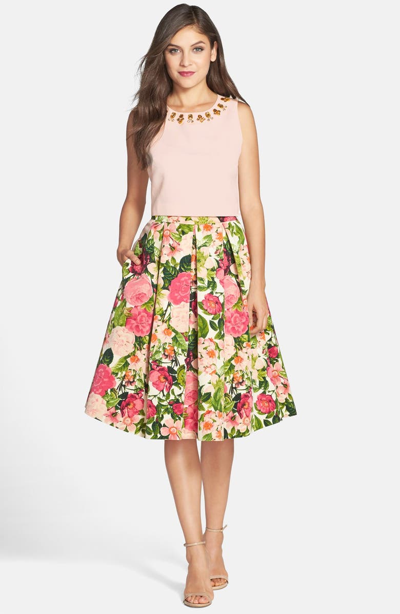 Eliza J Floral Print Faille Midi Skirt, Alternate, color, 