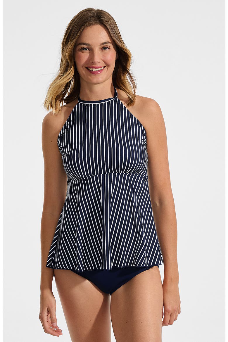 Flutter High Neck Halter Tankini Top, Main, color, Navy/Egret White Stripe