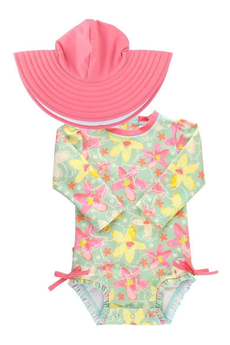 Waltzing On Water One-Piece Rashguard Swimsuit & Hat Set, Main, color, PINK
