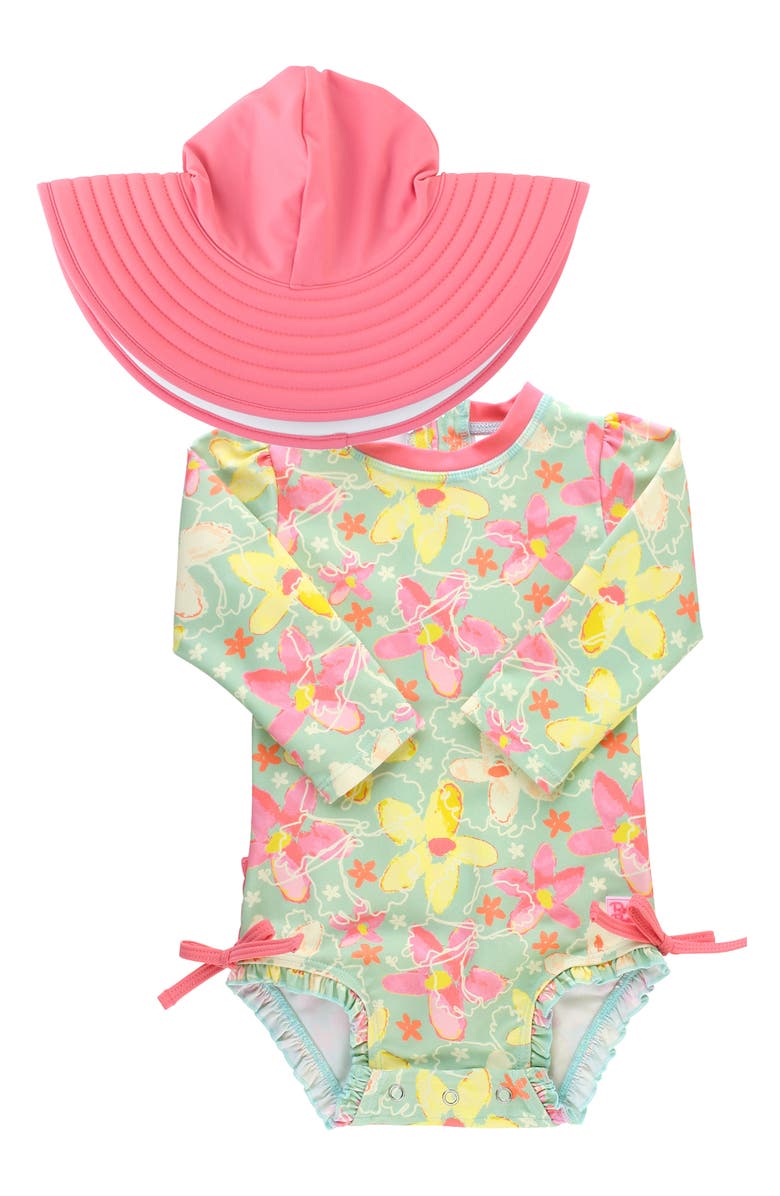 RuffleButts Waltzing On Water One-Piece Rashguard Swimsuit & Hat Set, Main, color, 
