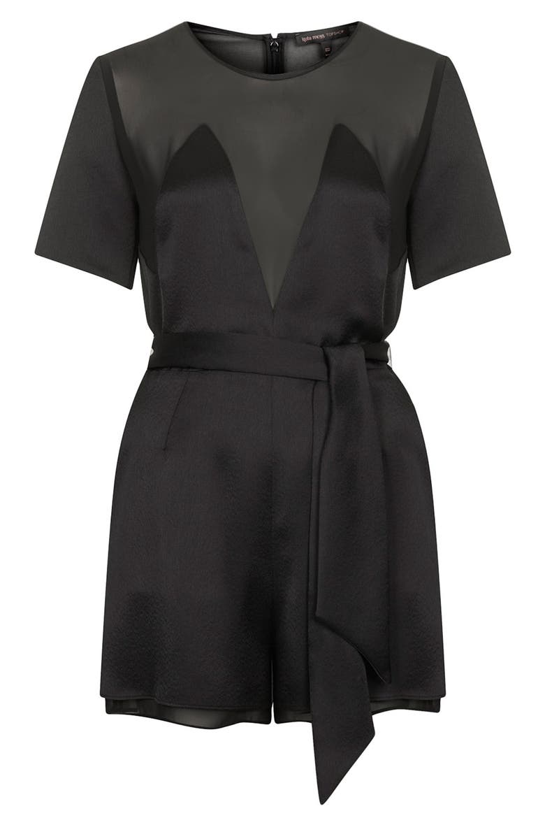 Kate Moss for Topshop Satin Romper, Alternate, color, BLACK