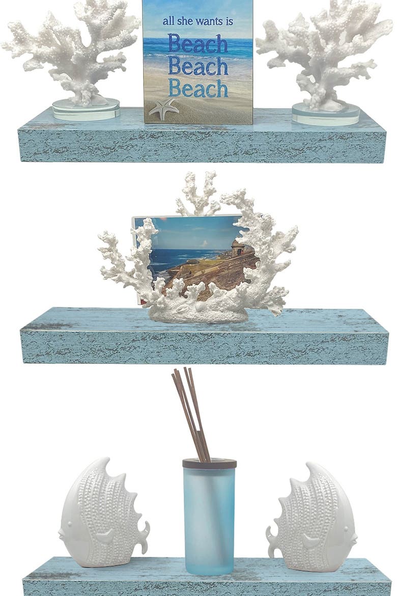 Set of 3 Rustic Wood Floating Shelf, Alternate, color, VINTAGE BLUE