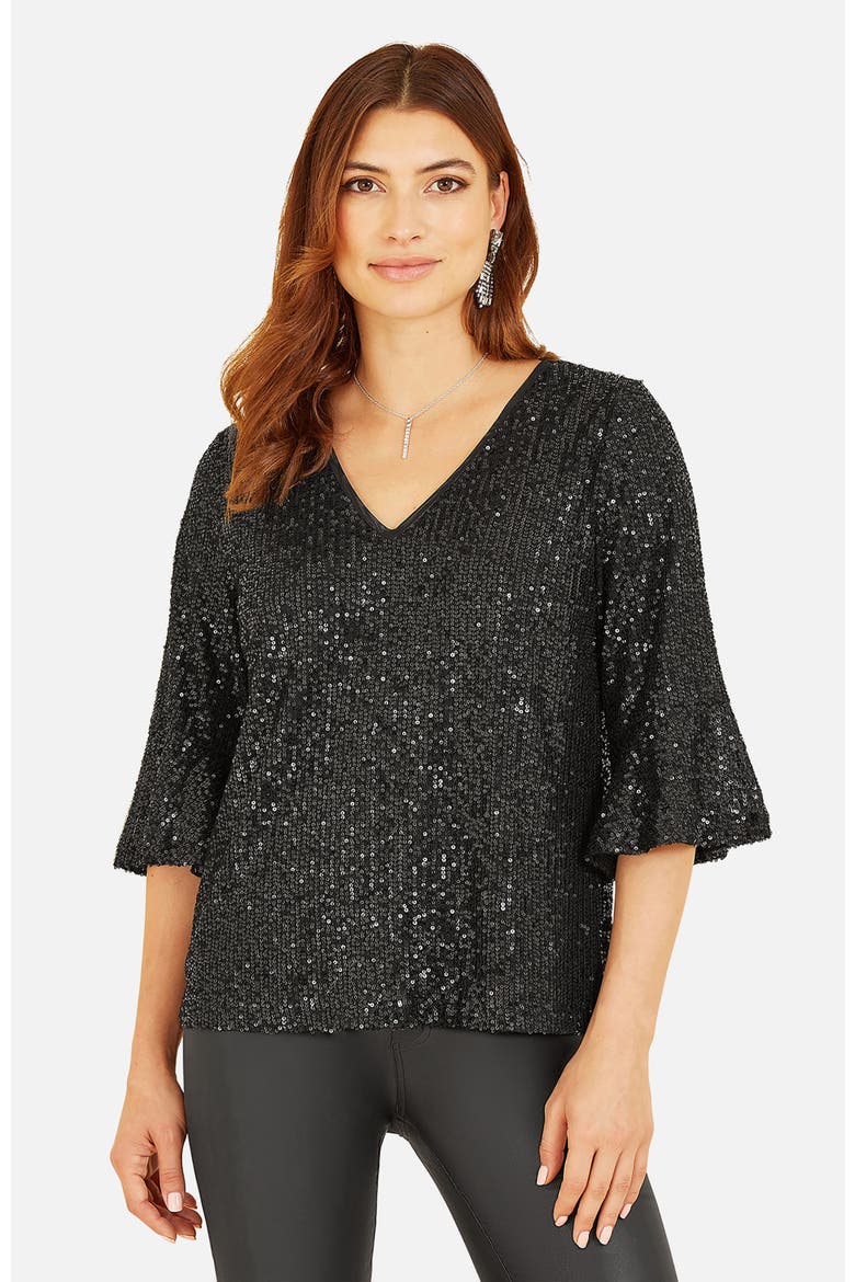 Sequin V-Neck Fluted Sleeve Top, Main, color, Black