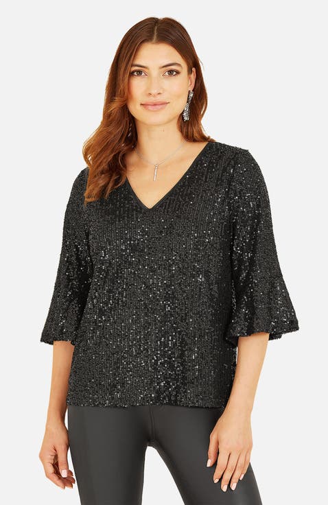 Sequin V-Neck Fluted Sleeve Top