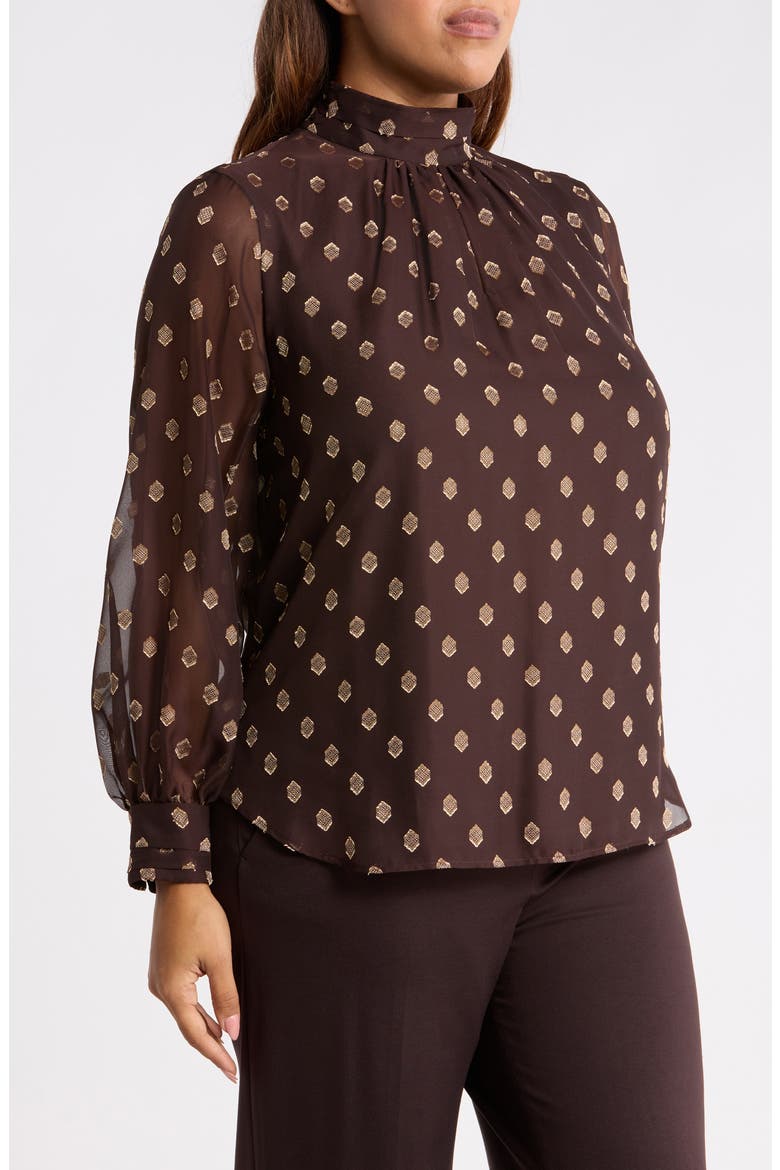 Shirred Collar Keyhole Front Long Sleeve Top, Alternate, color, DEEP MAHOGANY / GOLD