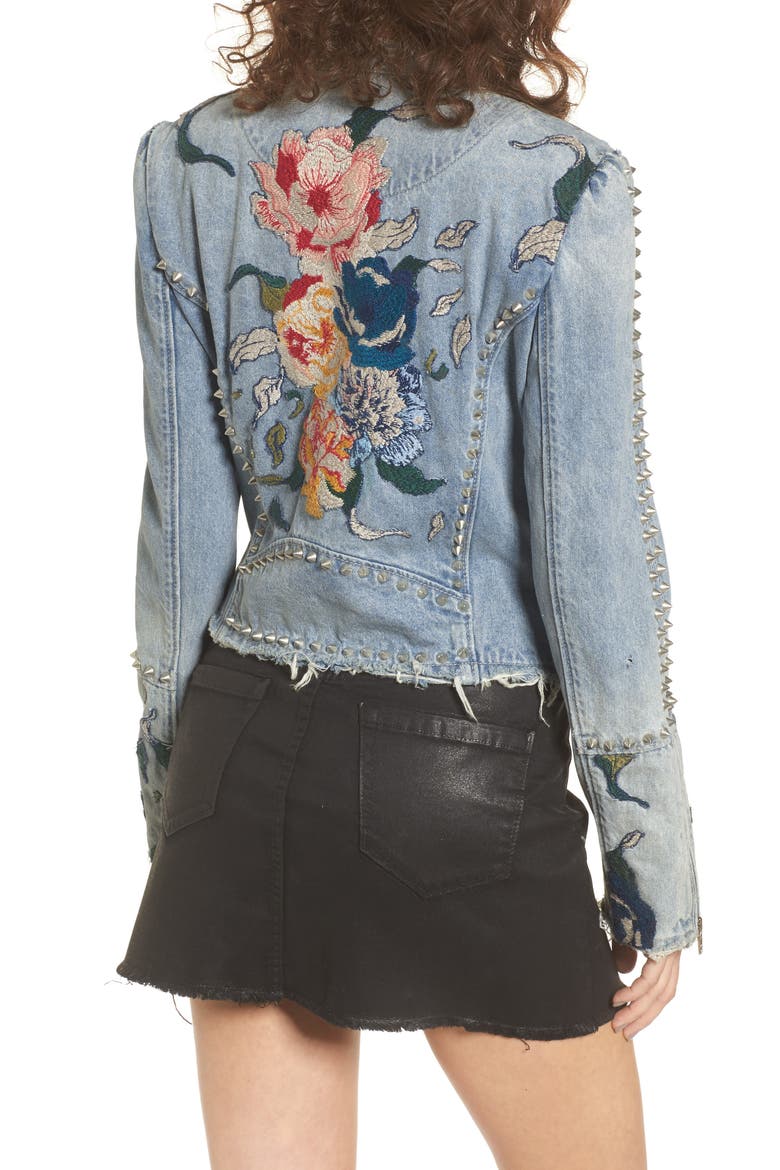 Sea of Flowers Studded Denim Moto Jacket, Alternate, color, DENIM BLUE