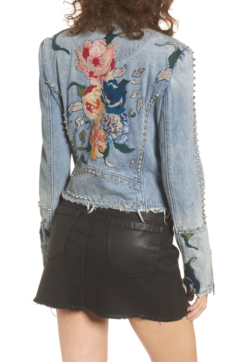 BLANKNYC Sea of Flowers Studded Denim Moto Jacket, Alternate, color, 