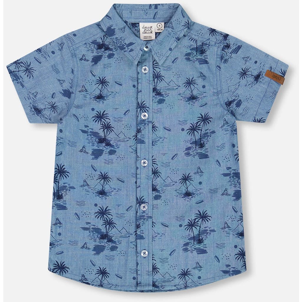 Deux Par Deux Boy's Printed Chambray Short Sleeve Shirt Pale Blue And Navy In Pale Blue And Navy