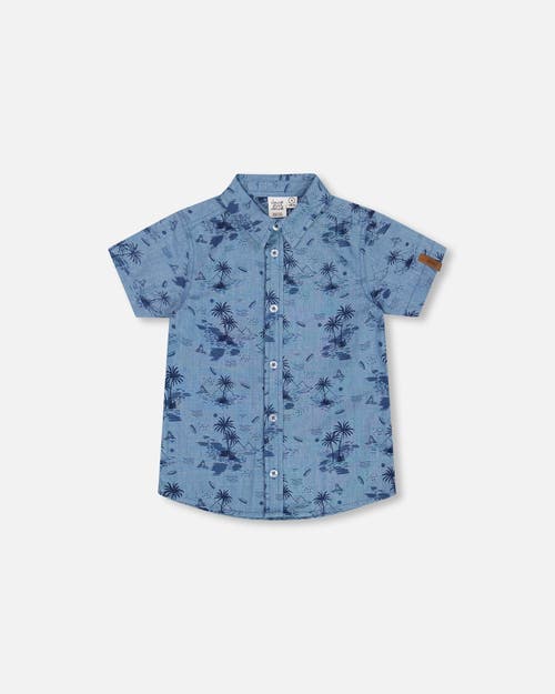 Deux Par Deux Boy's Printed Chambray Short Sleeve Shirt Pale Blue And Navy In Pale Blue And Navy
