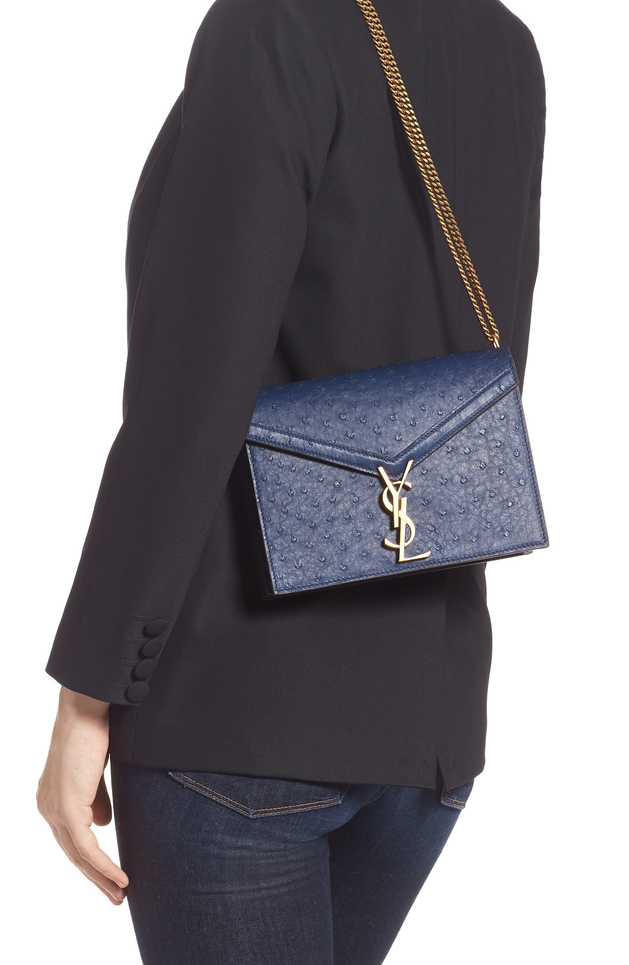 Saint Laurent Medium Cassandra Ostrich Leather Shoulder Bag, Alternate, color, 