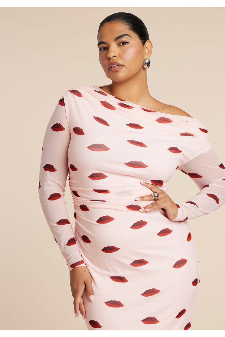 Asym Neck Printed Mesh Dress, Alternate, color, ROUGE LOVERS