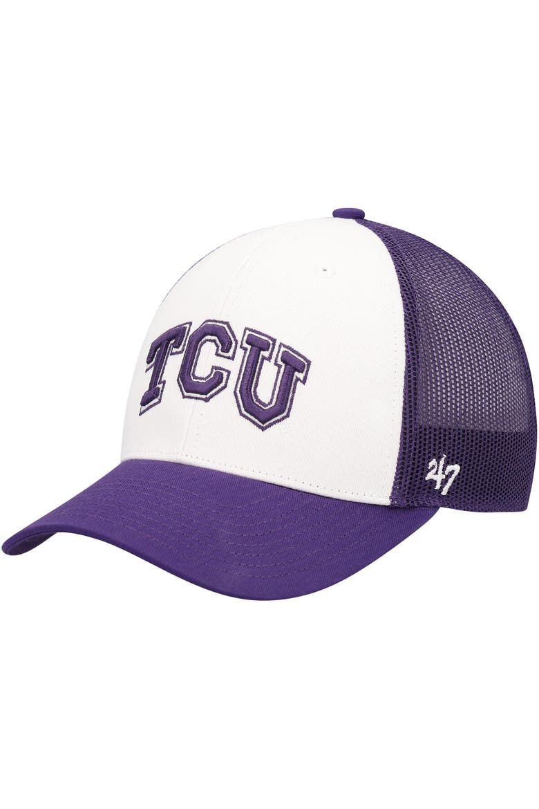 Men's '47 White/Purple TCU Horned Frogs Freshman Trucker Adjustable Hat, Main, color, White