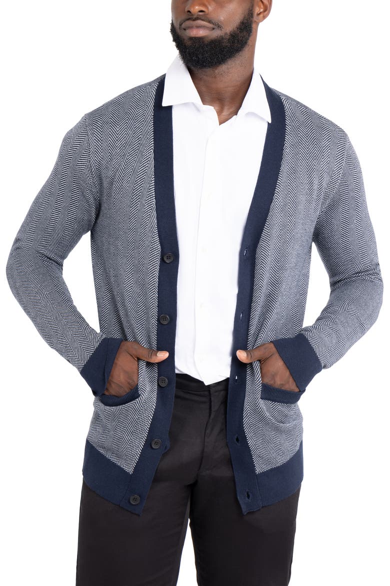 Herringbone V-Neck Button Front Cardigan, Alternate, color, WHITE/ NAVY