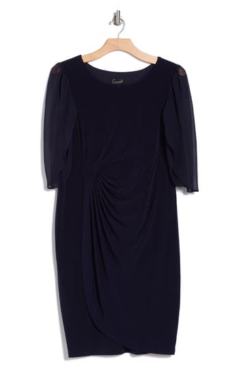 Connected Apparel Chiffon Sleeve Faux Wrap Dress In Navy