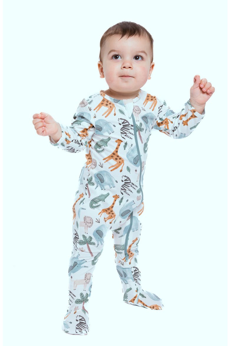 Organic Cotton Zip Footie in Safari Animals, Alternate, color, GREEN/ BROWN