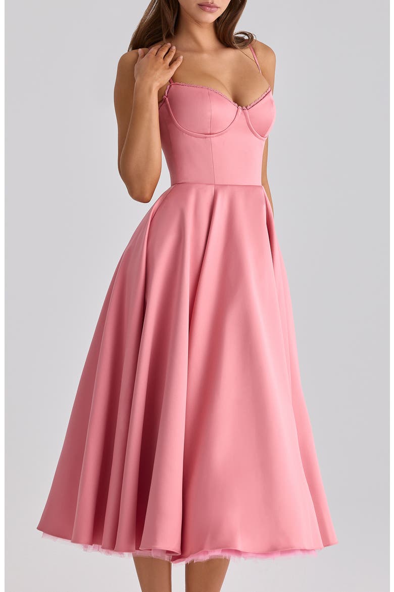 Mademoiselle Bustier Stretch Satin Midi Dress, Alternate, color, RASPBERRY