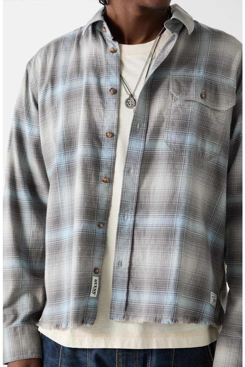 Boxy Fit Plaid Crop Flannel Button-Up Shirt, Alternate, color, BLUE/ GREY