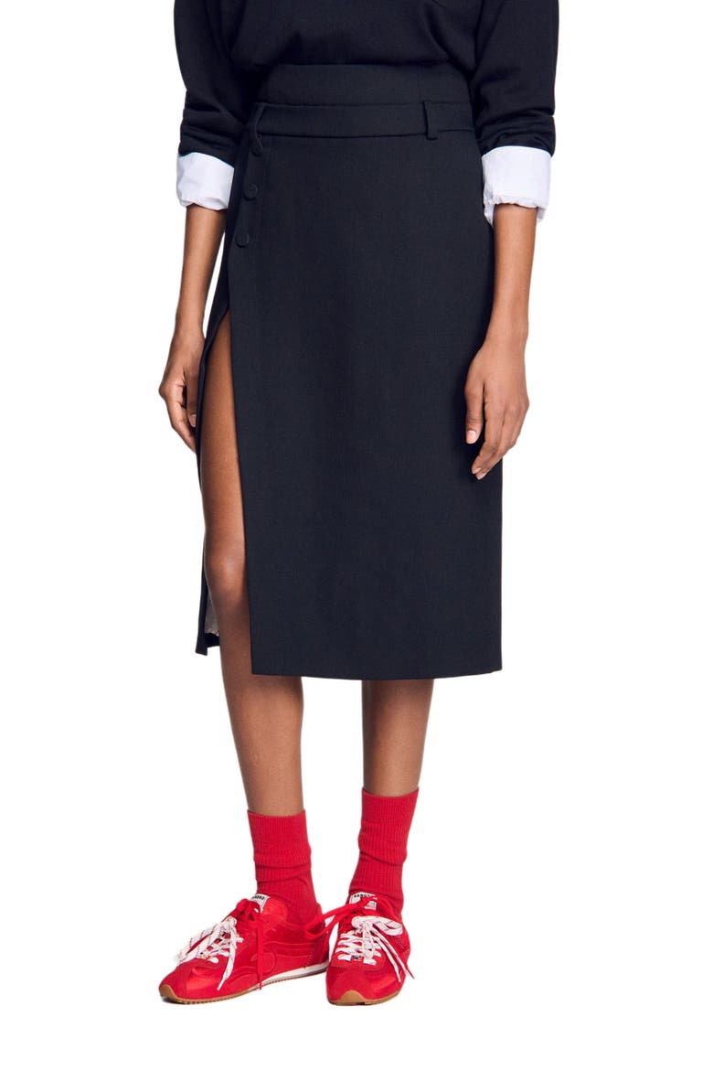 Mid-length slit wool skirt, Alternate, color, Black
